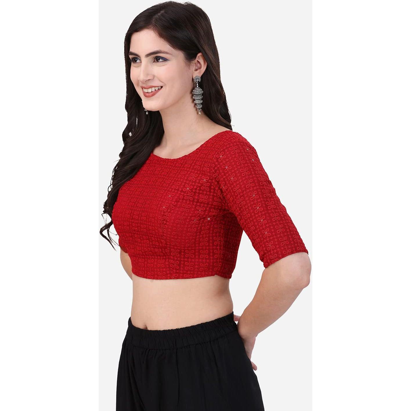 Oomph Traditional Cotton Schiffli Fabric Blouse For Women |Elbow Length Sleeves | Wedding & Festival Wear | Comfortable & Trendy Ethnic Wear | Readymade Blouse For Saree & Lehenga