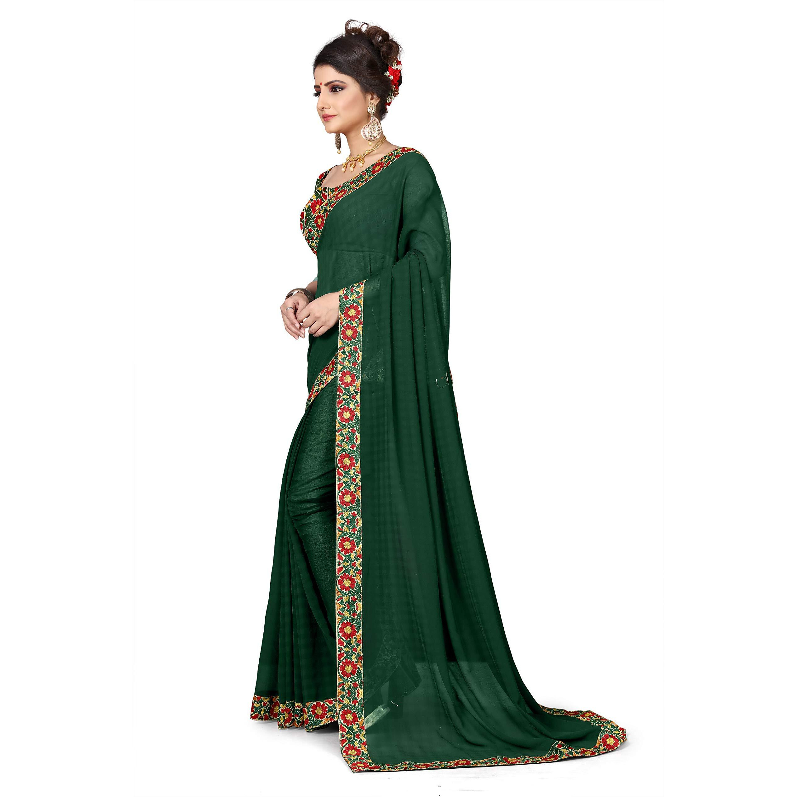 Oomph Womens Chiffon Printed Kalamkari Sarees With Tassles - Basil Green