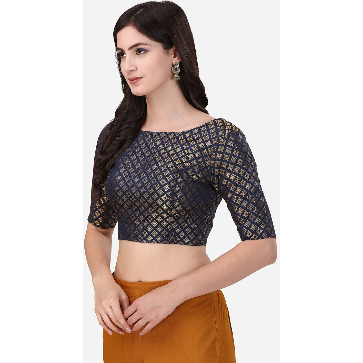 Oomph Women's Indian Ethnic Wear Designer Square Leaf Pattern Boat Neck Half Sleeve Brocade Midnight Blue Blouse For Saree Or Lehnga And Blousepalazzos Or Skirts For A Fusion Twist.