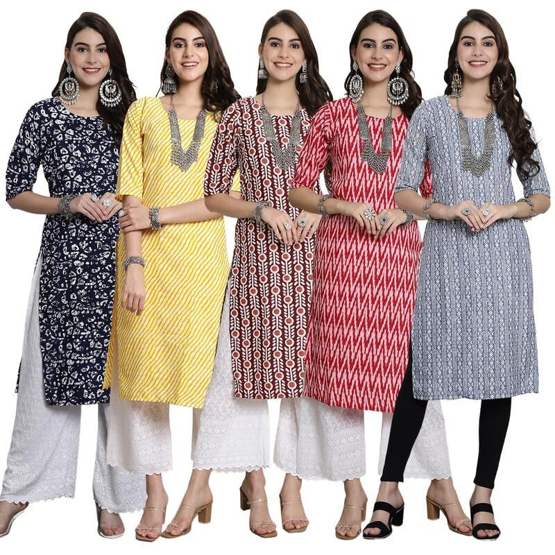 Pikmint Women's Crepe Kurti For Women's Ethnic Printed Kurti For Women's (Pack Of 5)
