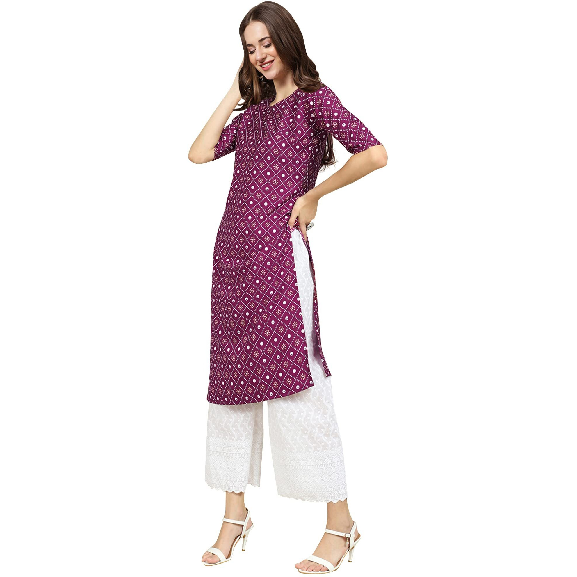Pinkmint Women's Crepe Wine Color Ethnic Motif Printed Straight Kurti (530355-Xxl)