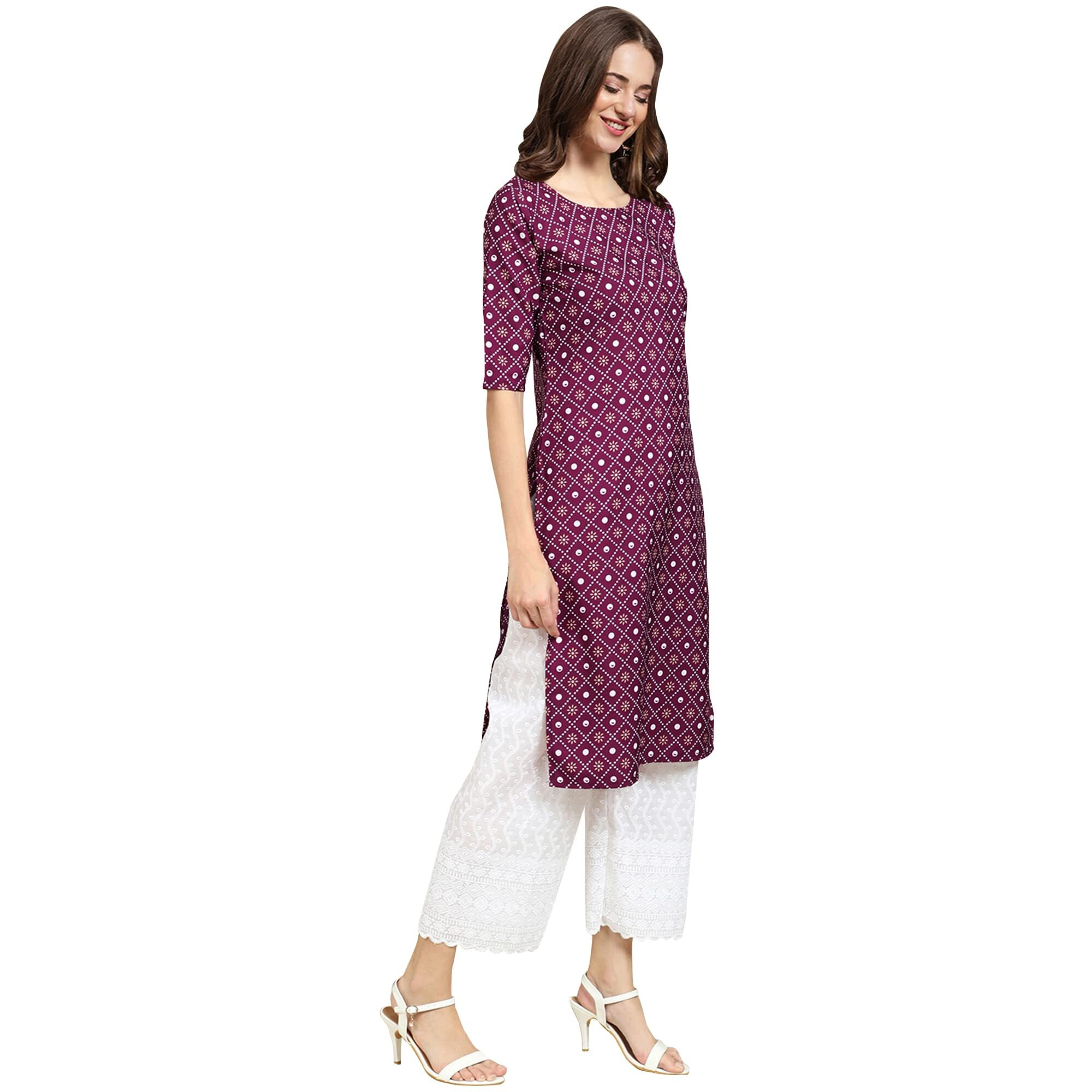 Pinkmint Women's Crepe Wine Color Ethnic Motif Printed Straight Kurti (530355-Xxl)