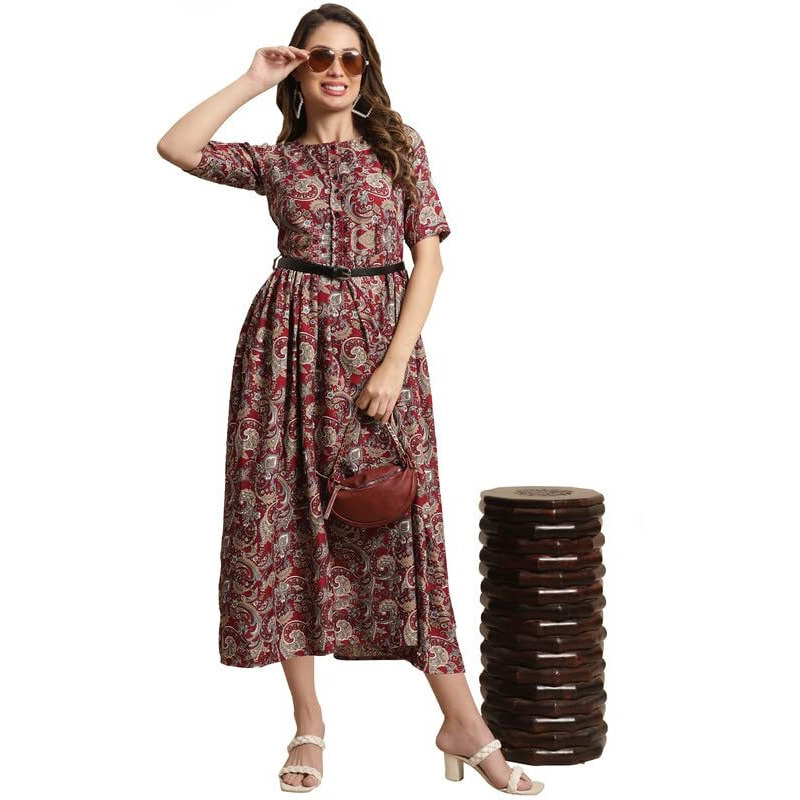Preneum Girls's Georgette Floral Printed 3/4 Slevees A-Line Fit & Flare Gown With Belt, Red, L