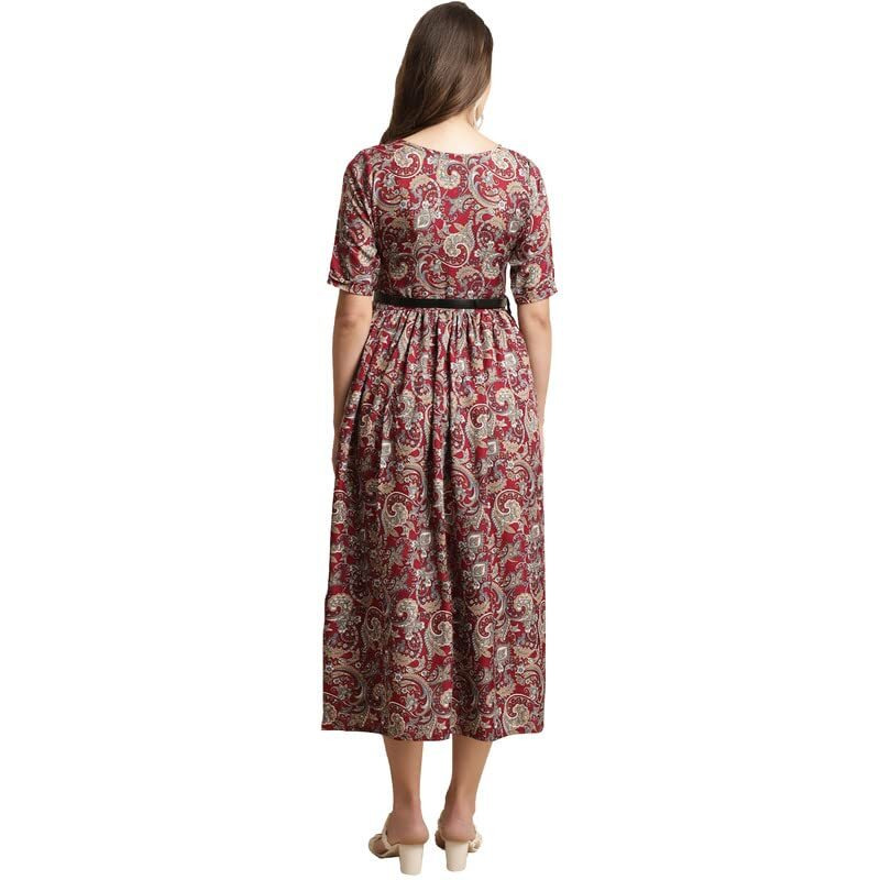 Preneum Girls's Georgette Floral Printed 3/4 Slevees A-Line Fit & Flare Gown With Belt, Red, L