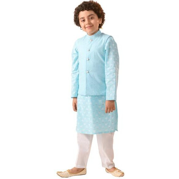 Pspeaches Boys Striped Pure Cotton Kurta With Pyjamas Nahru Jacket