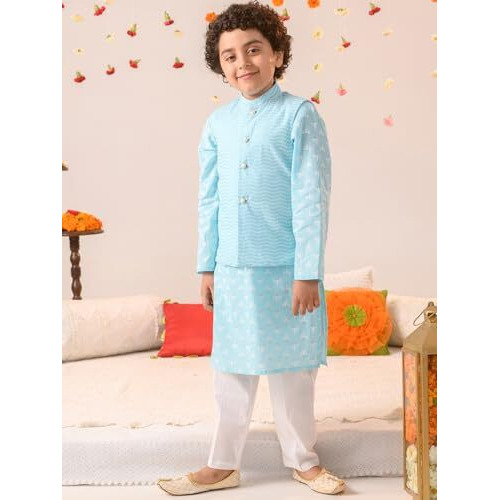 Pspeaches Boys Striped Pure Cotton Kurta With Pyjamas Nahru Jacket