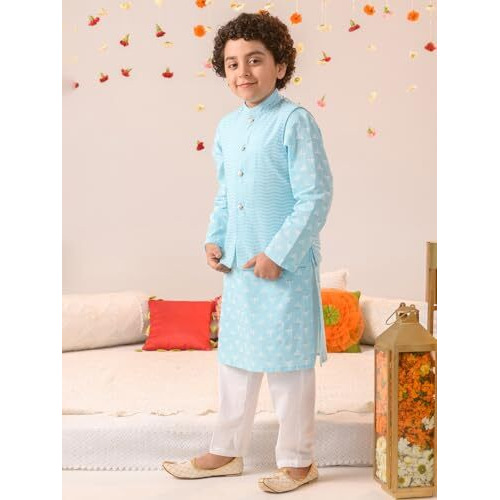 Pspeaches Boys Striped Pure Cotton Kurta With Pyjamas Nahru Jacket