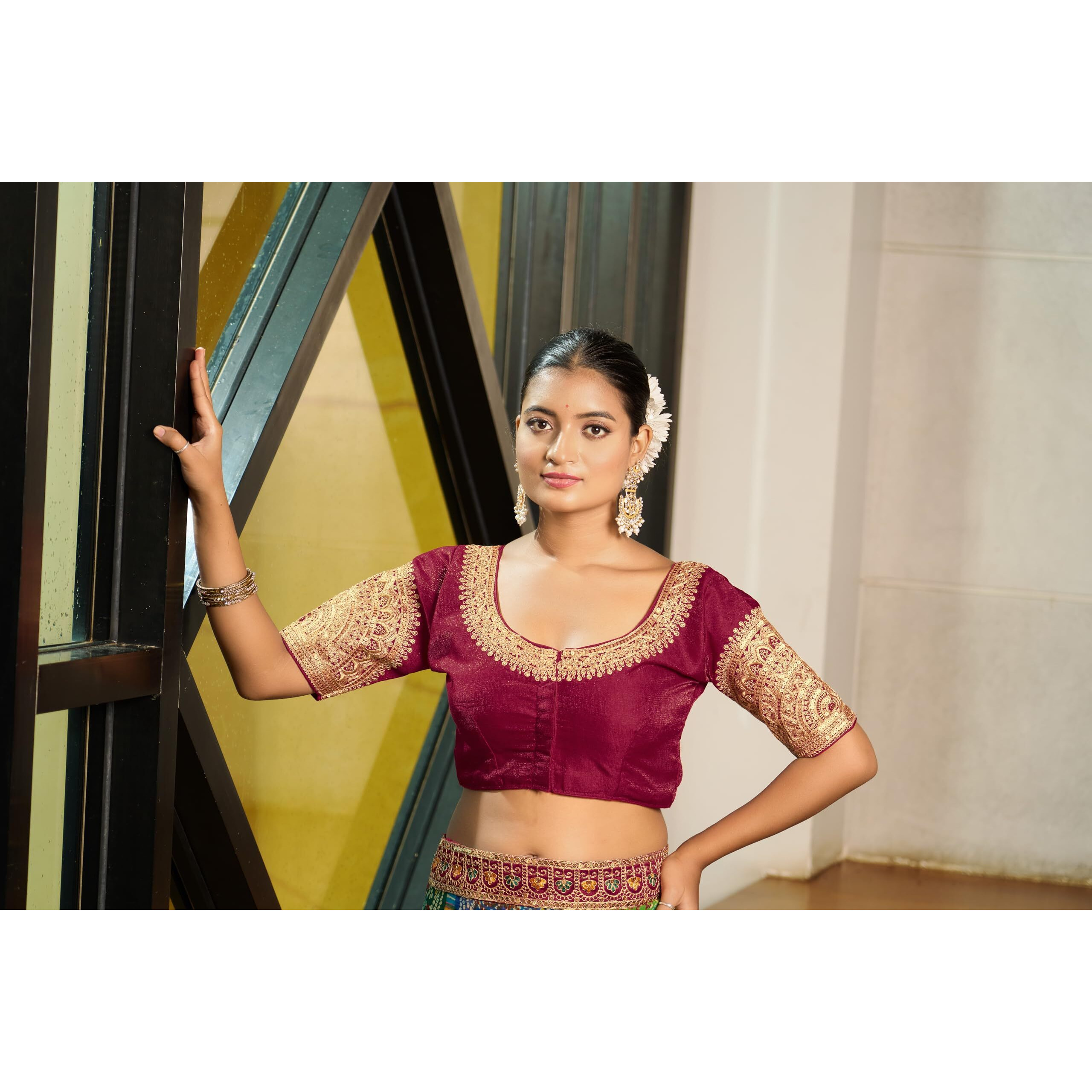 Pujia Mills Women's Readymade Blouse Embroidery Multi Coding Dull Golden Sequence Work Indian Ethnic Designer Stitched Readymade Saree Half Sleeve Maroon Blouse For Women For Saree Lehenga Choli