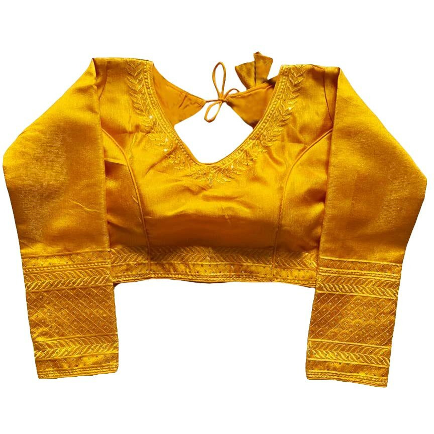 Pujia Mills Milan Silk Full Sleeve V Neck Multi Embroidery Trendy Saree Blouse(Rukmini Yellow 42)
