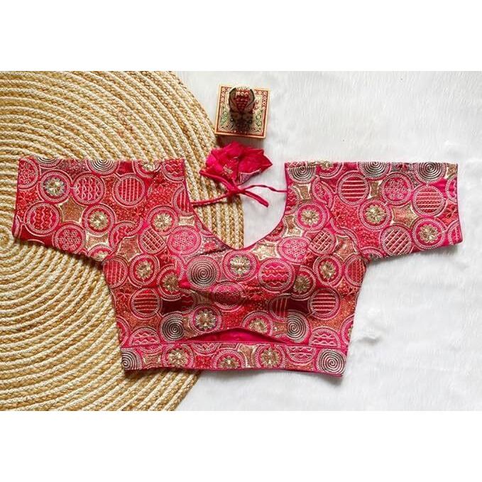 Pujia Mills Women's Blouse Readymade Blouse Embroidery Multi Coding Gold Thread Blouses Handwork Pink Color Readymade Saree Blouse For Women For Saree And Lehenga Choli (A2420 Pink 40)