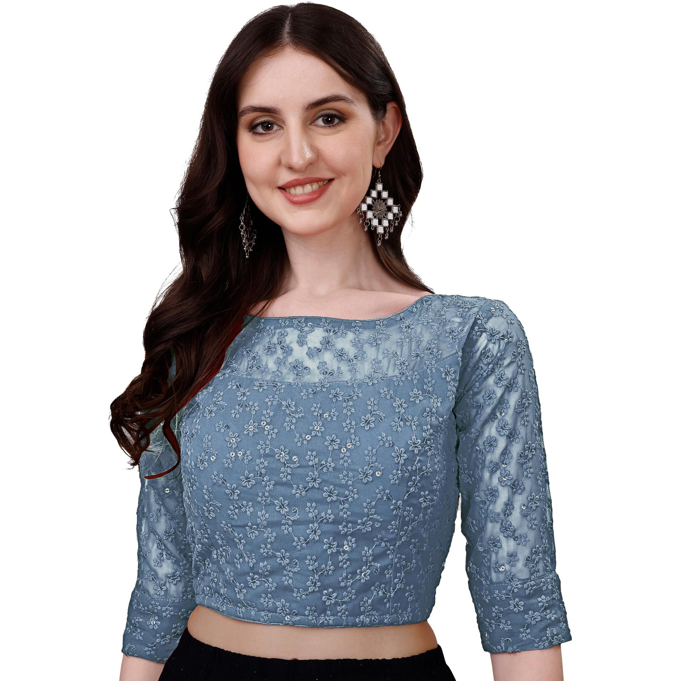 Pujia Mills Womens Readymade Fancy Sifli Work Half Sleeve Saree Blouse. (Dark Grey, 32)