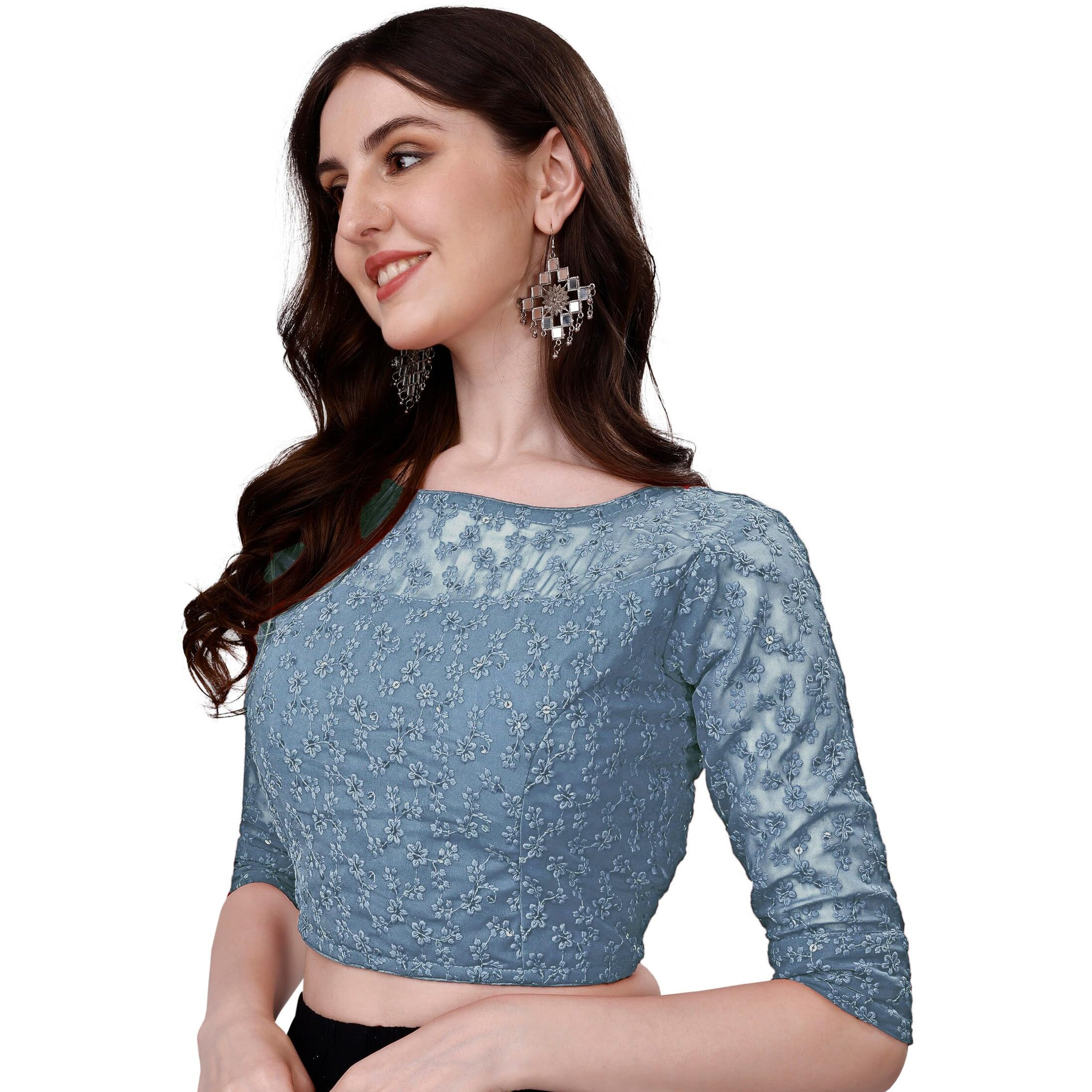 Pujia Mills Womens Readymade Fancy Sifli Work Half Sleeve Saree Blouse. (Dark Grey, 32)