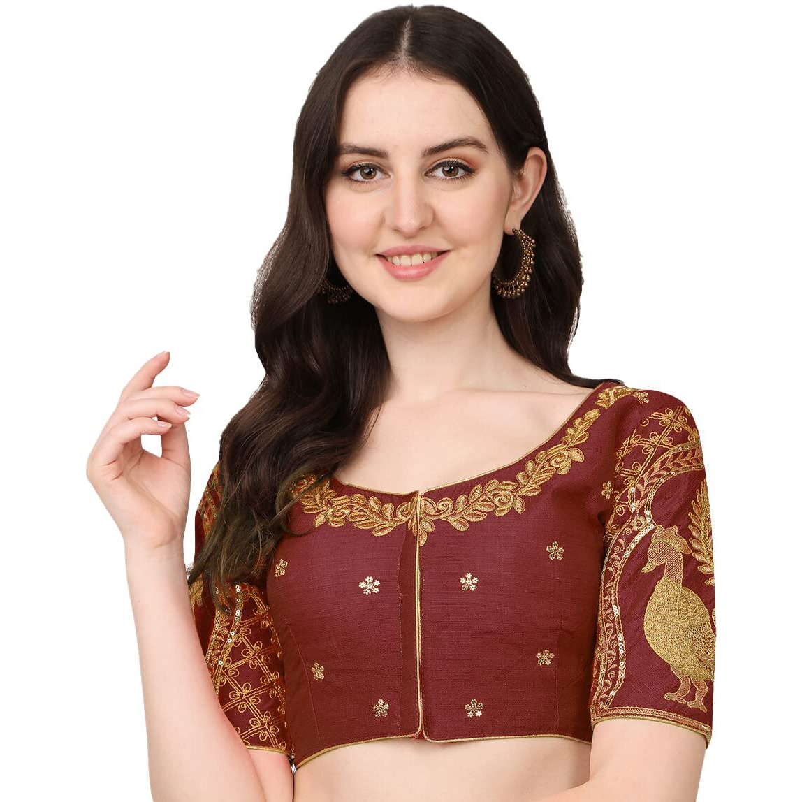 Pujia Mills Women's Embroidery Handwork & Sequin Work Peacock Design Readymade Blouse (36, Maroon)