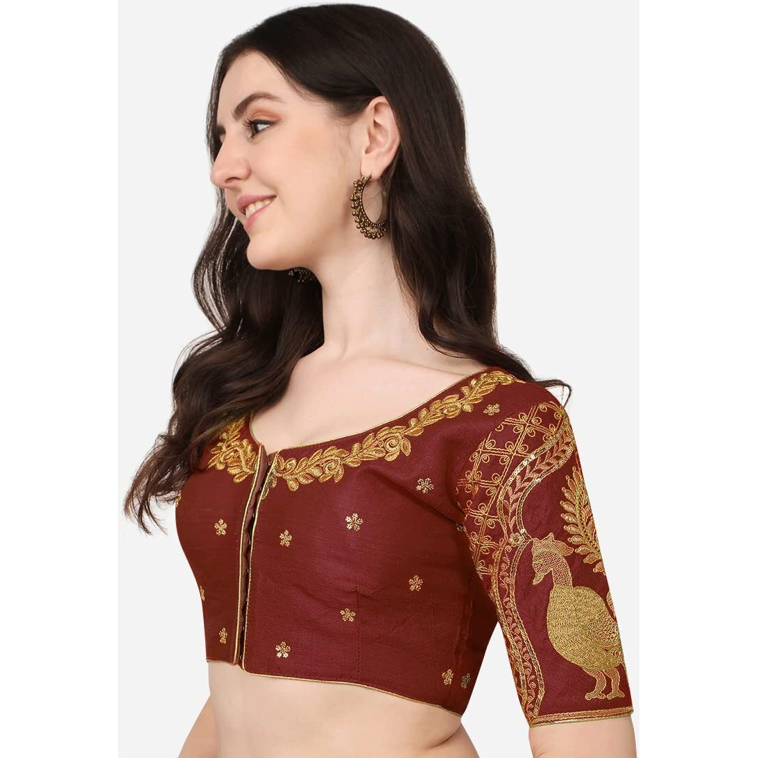 Pujia Mills Women's Embroidery Handwork & Sequin Work Peacock Design Readymade Blouse (36, Maroon)