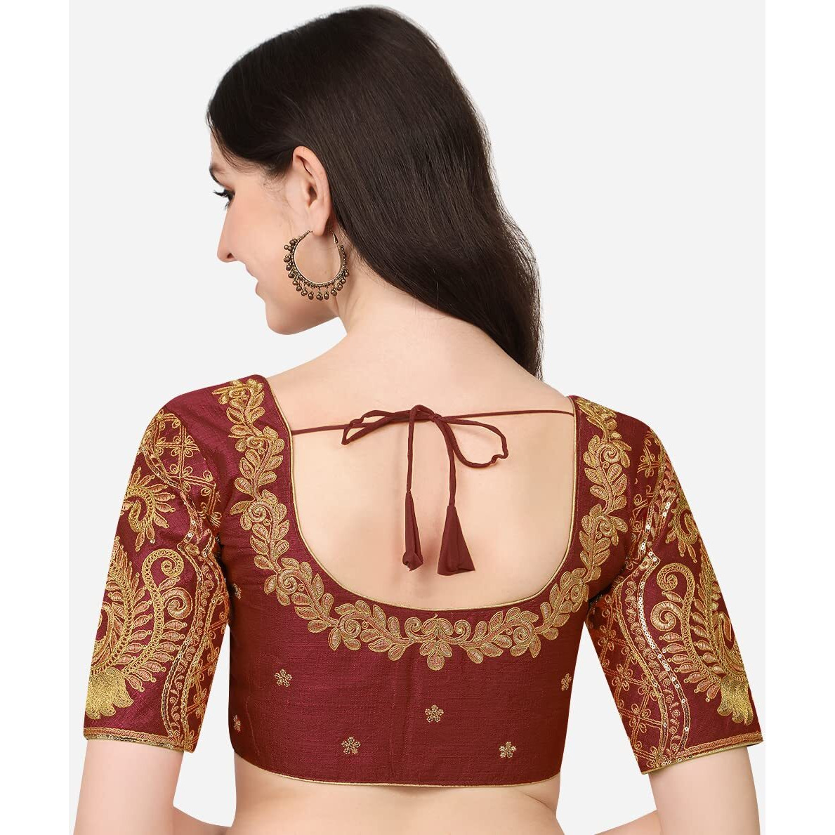 Pujia Mills Women's Embroidery Handwork & Sequin Work Peacock Design Readymade Blouse (36, Maroon)