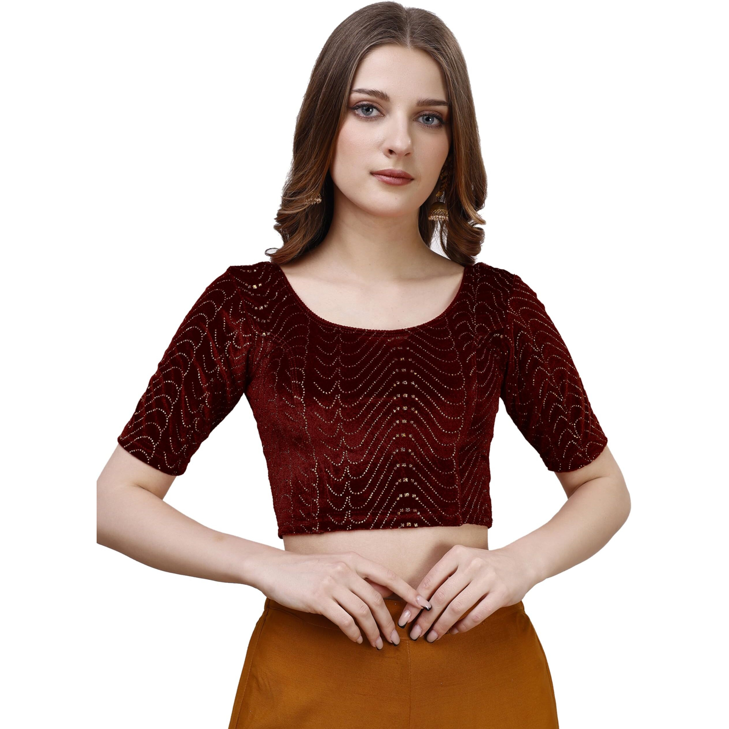 Pujia Mills Women's Readymade Hosiery Velvet Lycra Stretchable Round Neck Half Sleeve Blouse With Jari Work Fancy Maroon Color Lycra Stretchable Blouse For Women Readymade Saree Blouse
