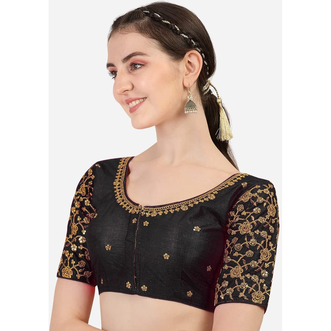 Pujia Mills Women's Phantom Silk Flower Half Sleeve Saree Blouse (Flowerr Blouse_Black_36 Size+Margin)
