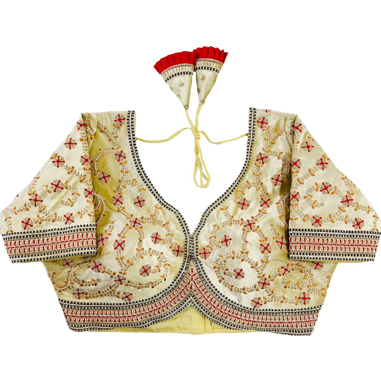 Pujia Mills Women's Velvet Heavy Codding Embroidery With Sequins Work Sweetheart Neck Blouse(Valley Cream)