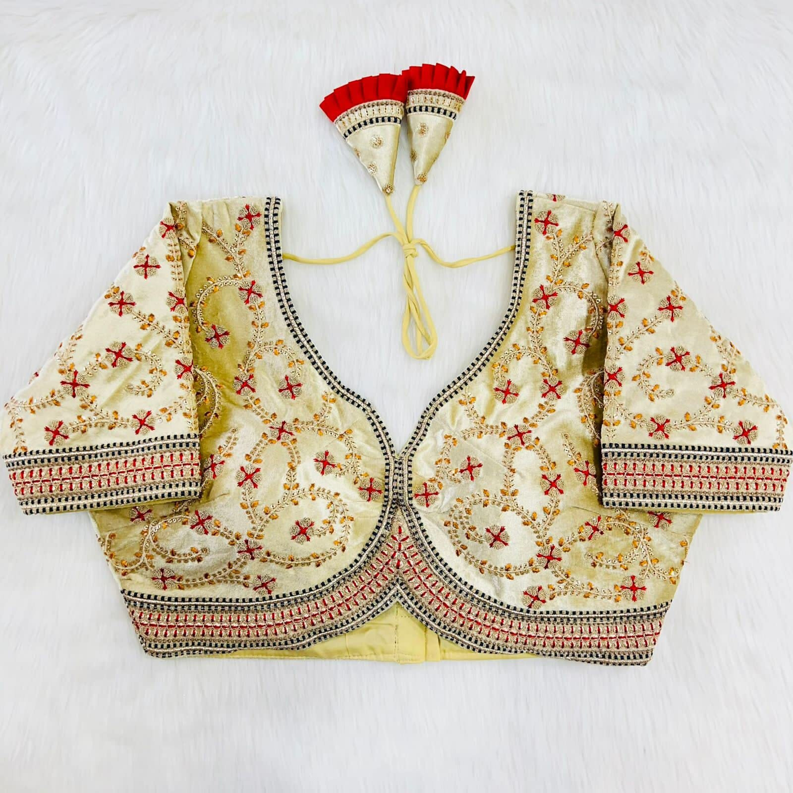 Pujia Mills Women's Velvet Heavy Codding Embroidery With Sequins Work Sweetheart Neck Blouse(Valley Cream)