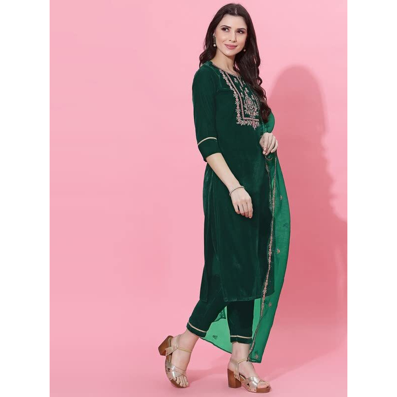 Sanisa Women's Velvet Embroidery Straight Kurta Set With Dupatta (35Kbd442N-L_Dark Green)