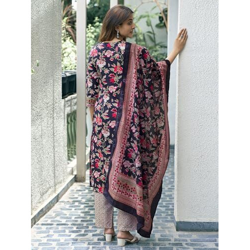 Sanisa Women's Rayon Blend Floral Printed Straight Kurta With Pant And Dupatta Set| Ethnic Set | Suit Set | Kurta Set(169Kbd1815N-M_Navy Blue & Multi)