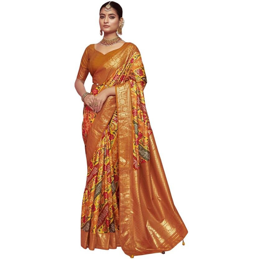 Satrani Women's Silk Foil Print & Tassels Saree With Unstitched Blouse Piece (3444S135N_Mustard & Multi3)