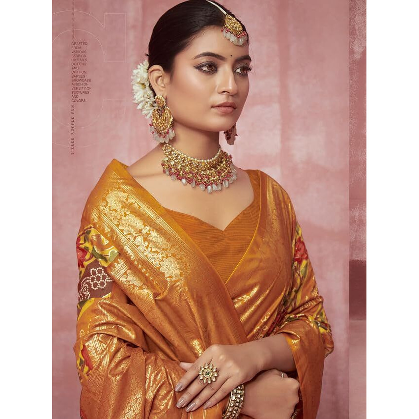 Satrani Women's Silk Foil Print & Tassels Saree With Unstitched Blouse Piece (3444S135N_Mustard & Multi3)