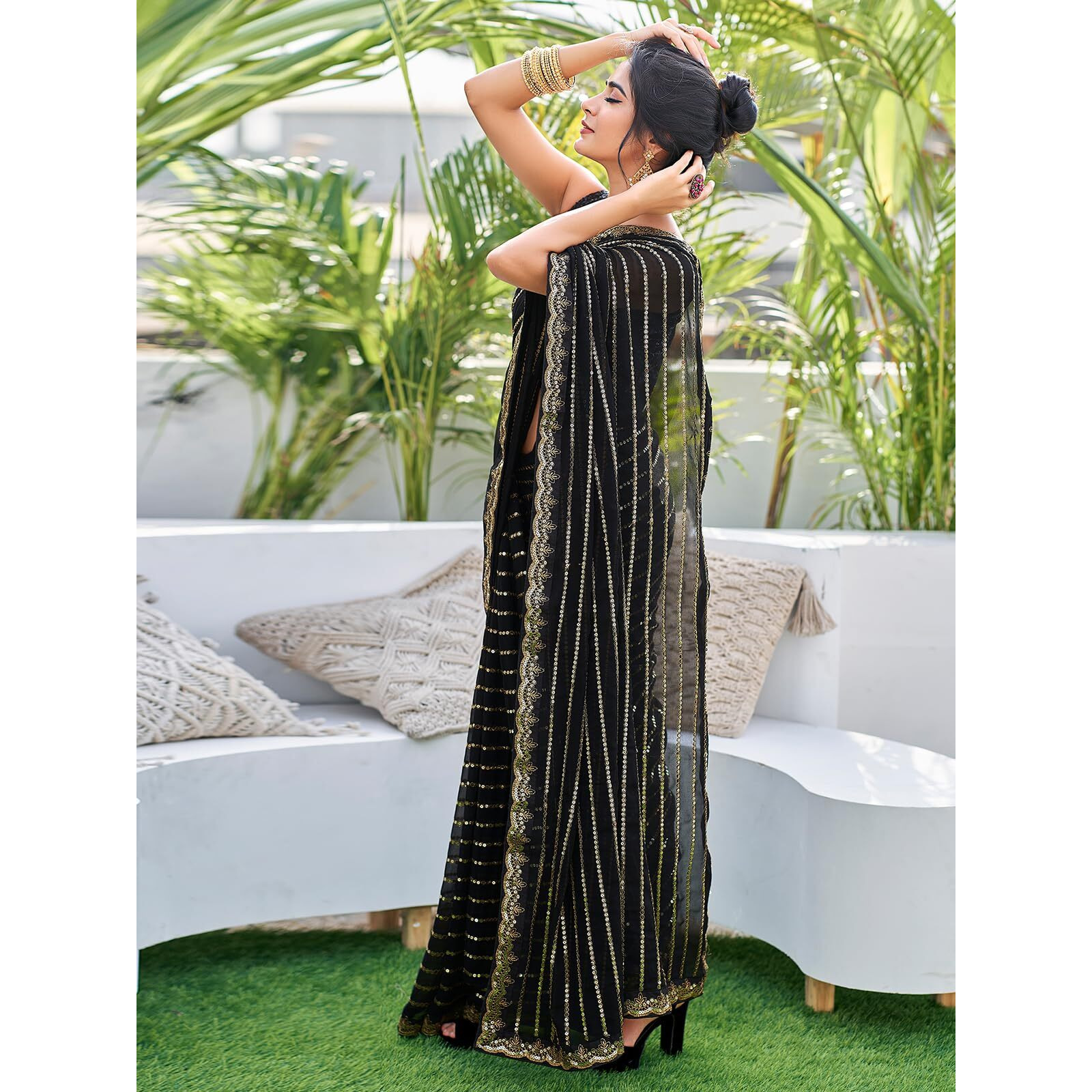 Satrani Women's Georgette Sequence Work Saree With Unstitched Blouse Piece (3775S103N_Black)