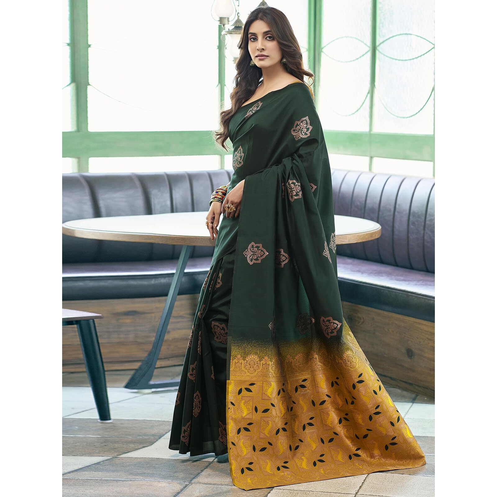 Satrani Women's Banarasi Silk Jacquard Saree With Unstitched Blouse Piece (3696S110N_Dark Green)