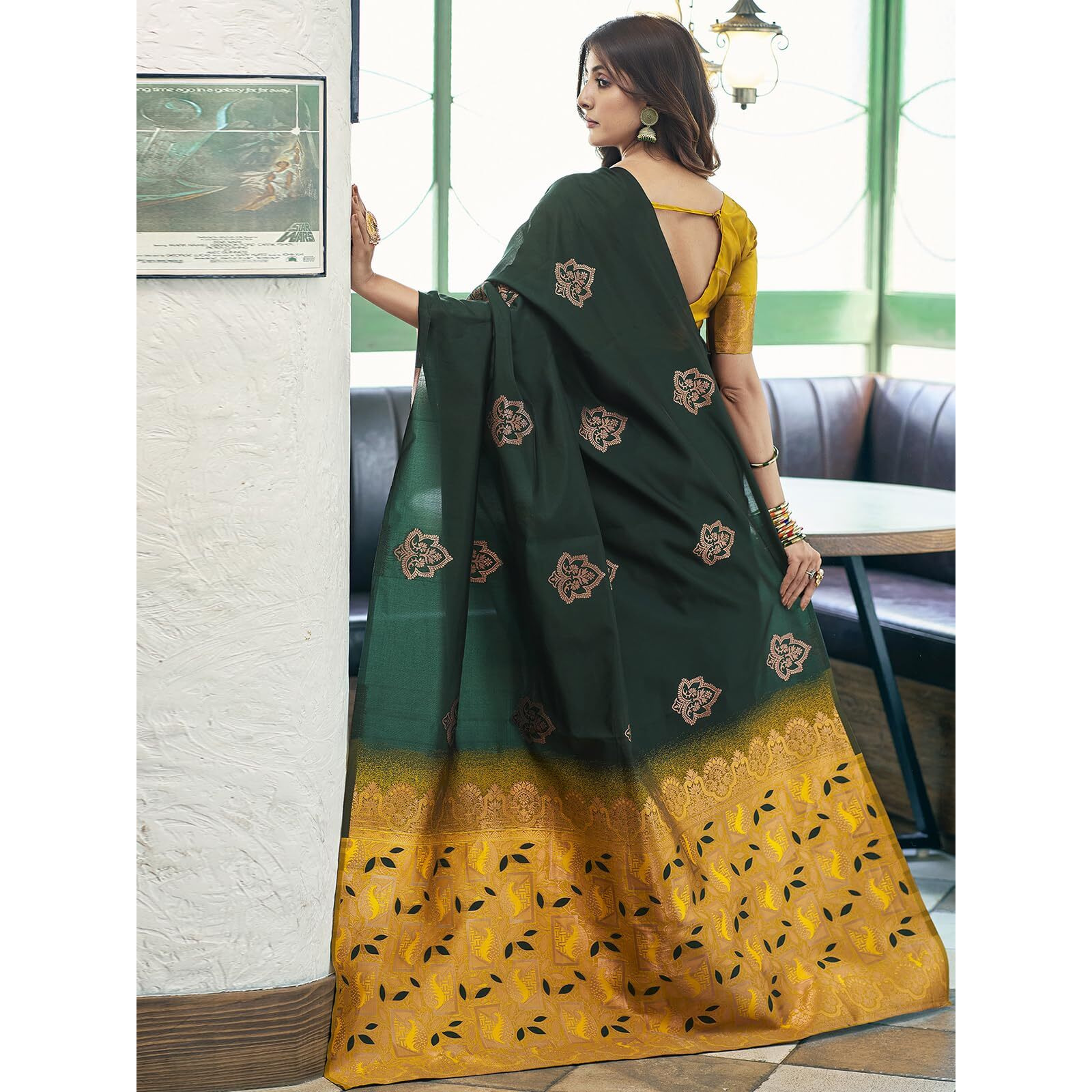 Satrani Women's Banarasi Silk Jacquard Saree With Unstitched Blouse Piece (3696S110N_Dark Green)