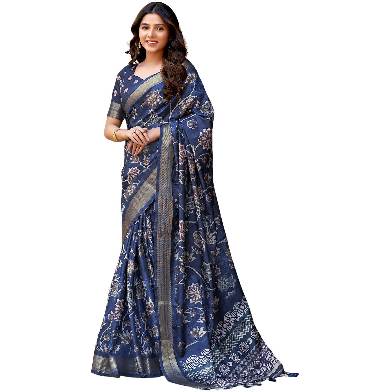 Satrani Women's Dola Silk Printed Weaving Border Saree With Unstitched Blouse Piece (4081S193N_Navy Blue)