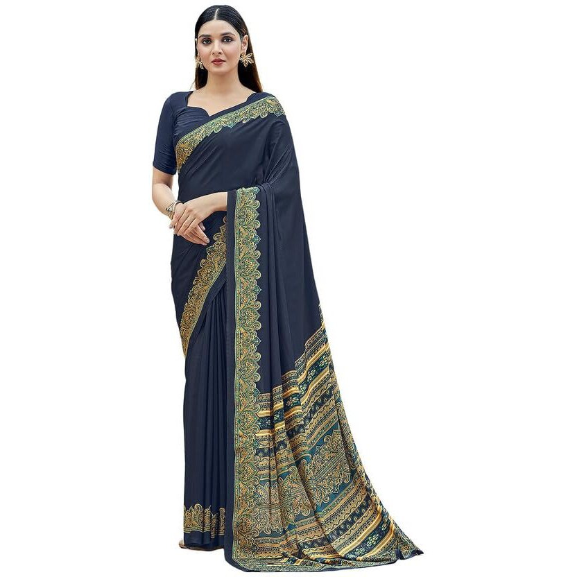 Satrani Women's Silk Crepe Printed Saree With Unstitched Blouse Piece (3441S3027N_Navy Blue)