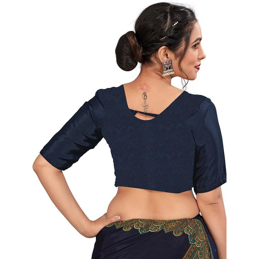 Satrani Women's Silk Crepe Printed Saree With Unstitched Blouse Piece (3441S3027N_Navy Blue)