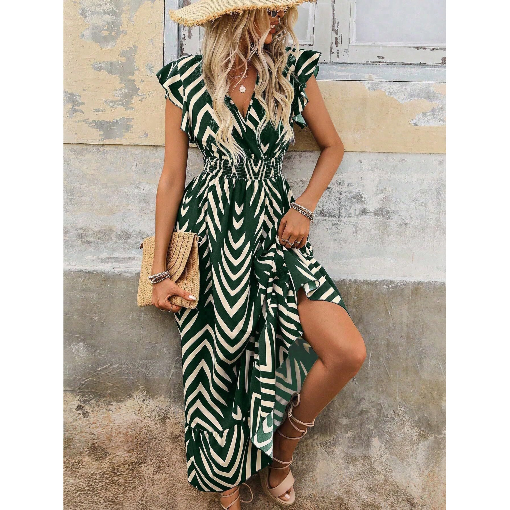 Shasmi Women's & Girl's Green V-Neck Striped Printed Dress With Ruffled Hem And Belted Waist For Vacation, One Piece Dress For Women's Casual Dress (Dress 140 Green-Xl)