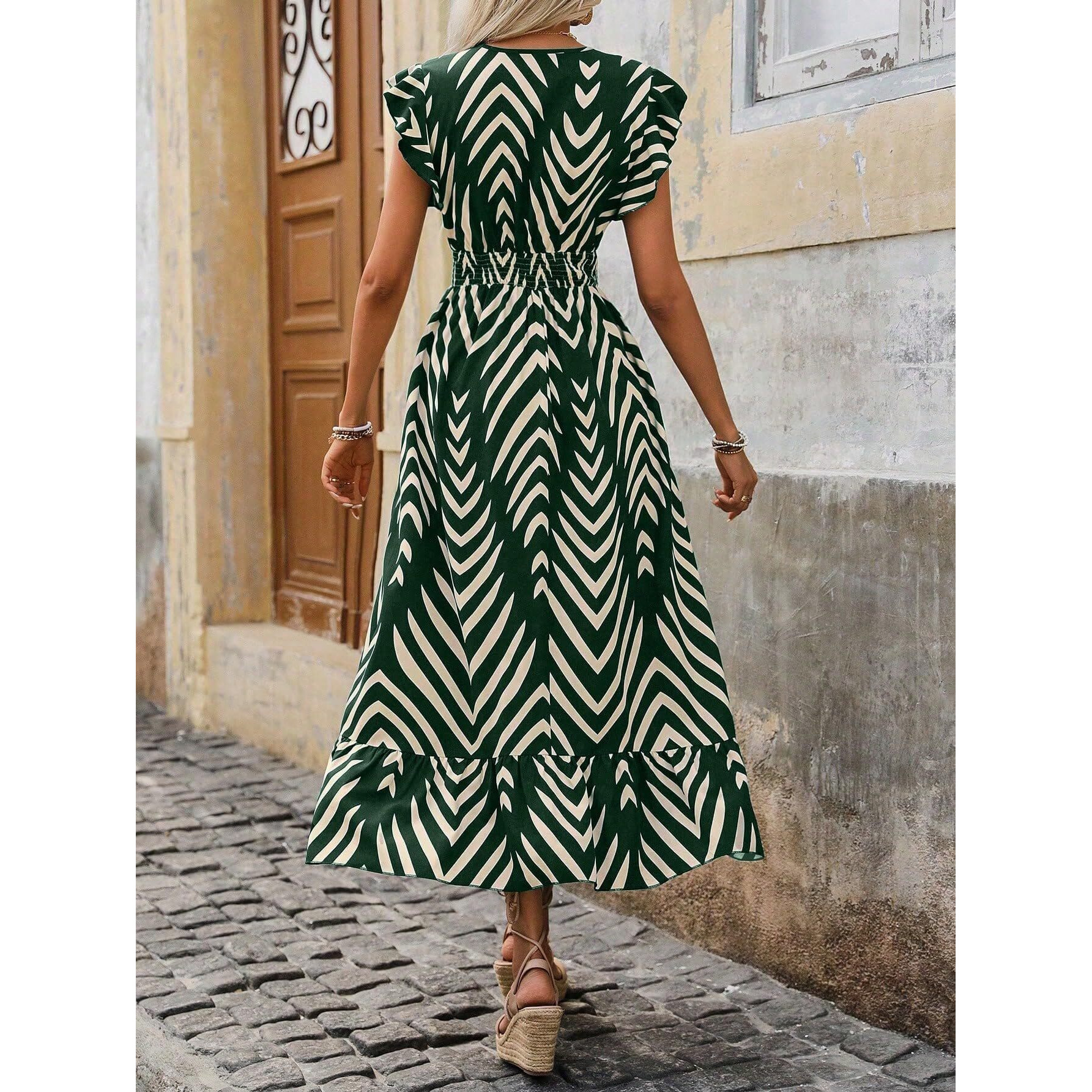 Shasmi Women's & Girl's Green V-Neck Striped Printed Dress With Ruffled Hem And Belted Waist For Vacation, One Piece Dress For Women's Casual Dress (Dress 140 Green-Xl)