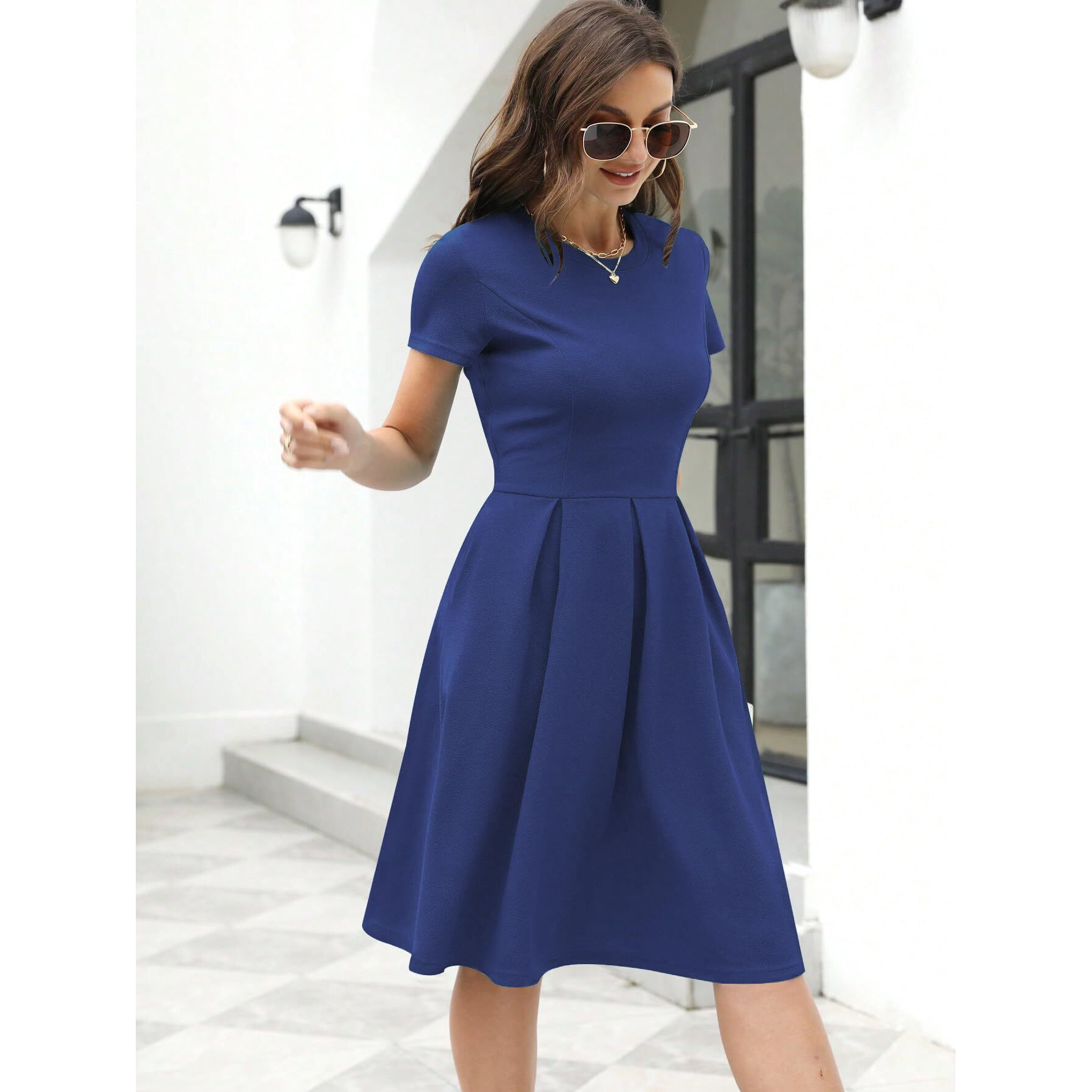 Shasmi Girl's & Women's Solid Navy Blue Color Solid Slant Pocket Fold Pleated, Women Cocktail Party Vintage Style With Pockets Big Swing Simple Retro Dress (Dress 166 N Blue-Xl)