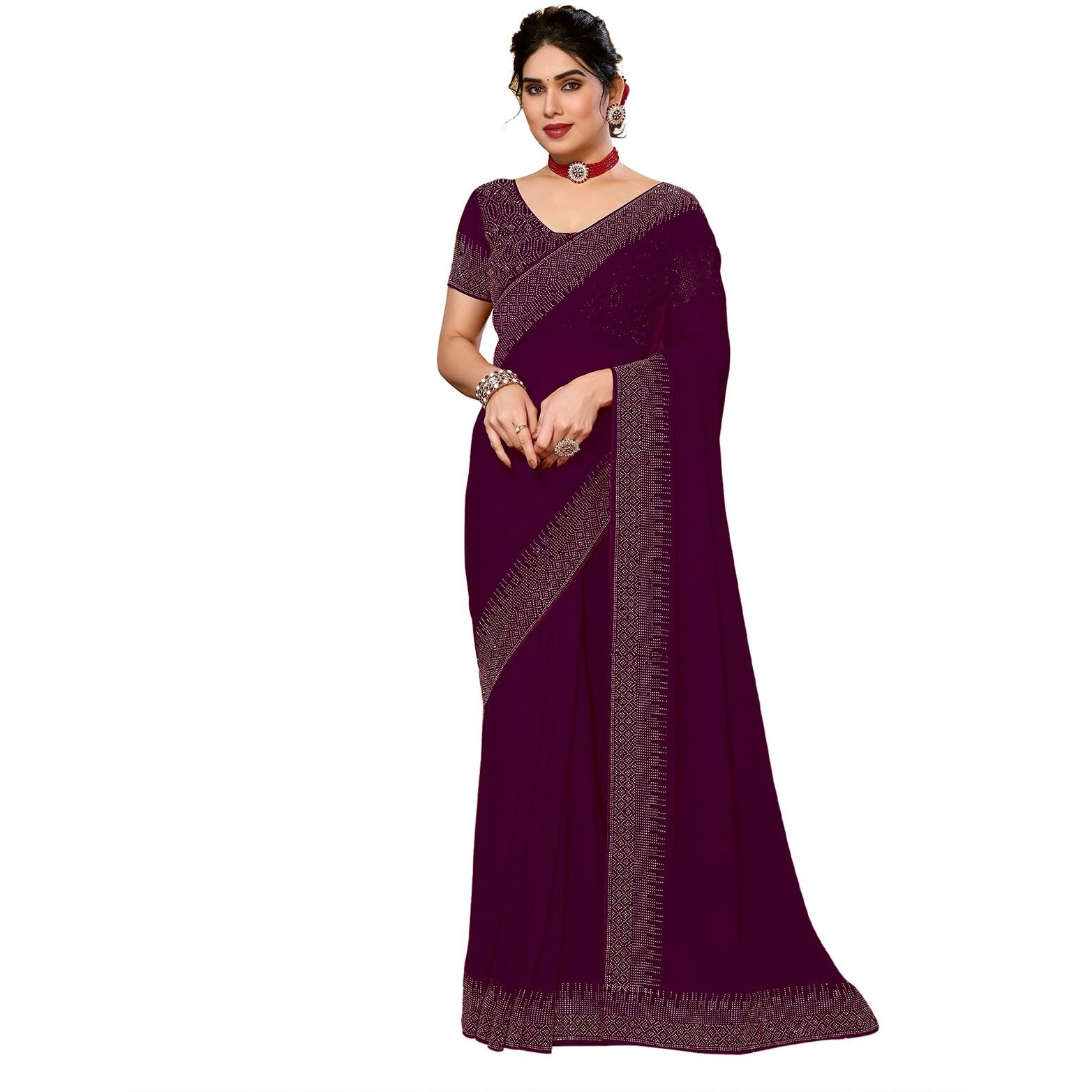 Satrani Women's Georgette Hot Fixing Saree With Unstitched Blouse Piece (3320S157N_Wine)