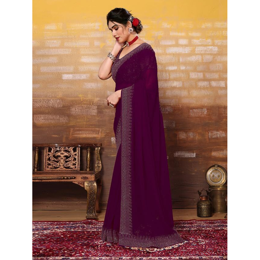 Satrani Women's Georgette Hot Fixing Saree With Unstitched Blouse Piece (3320S157N_Wine)