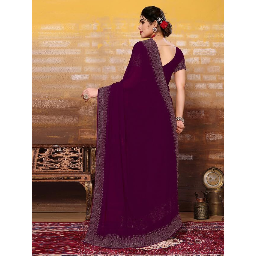Satrani Women's Georgette Hot Fixing Saree With Unstitched Blouse Piece (3320S157N_Wine)