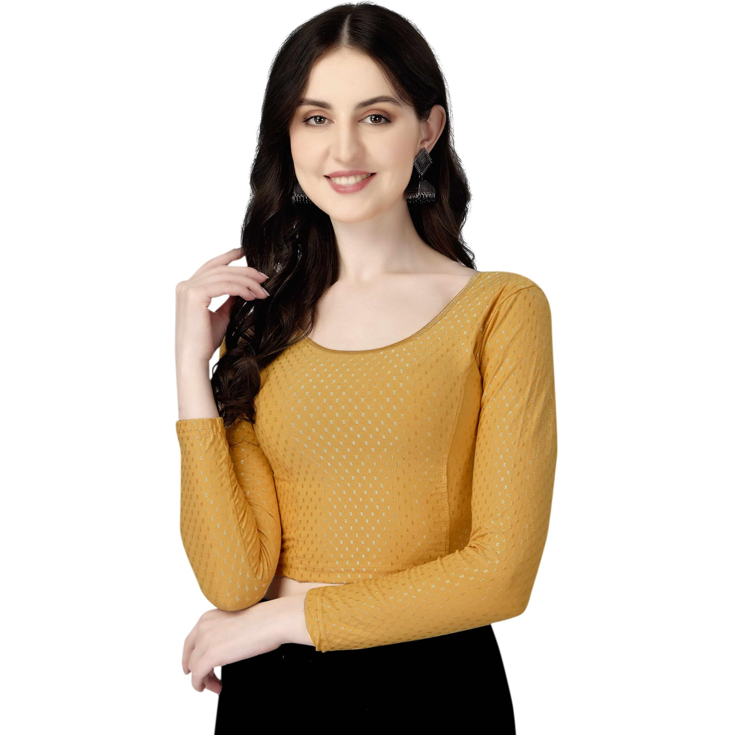 Shiv Textiles Round Neck Dobby Cotton Lycra Stretchable Elbow Sleeve Readymade Saree Blouse For Women Stylish (Beigeover Size Full Sleeve)