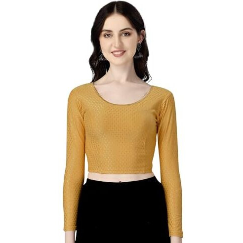 Shiv Textiles Round Neck Dobby Cotton Lycra Stretchable Elbow Sleeve Readymade Saree Blouse For Women Stylish (Beigeover Size Full Sleeve)