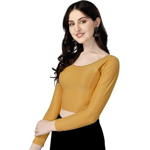 Shiv Textiles Round Neck Dobby Cotton Lycra Stretchable Elbow Sleeve Readymade Saree Blouse For Women Stylish (Beigeover Size Full Sleeve)