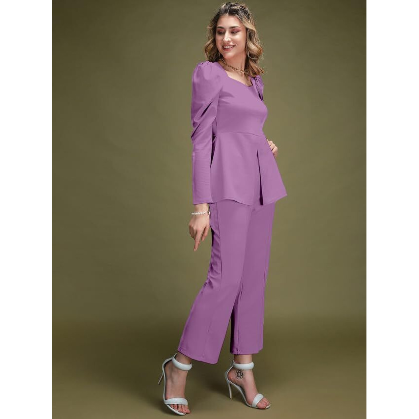 Selvia Women's Puff Sleeve Lycra Sweetheart Neck 2 Piece Front Slit Co-Ords Set (485Tk10688Na-L_Light Purple3)