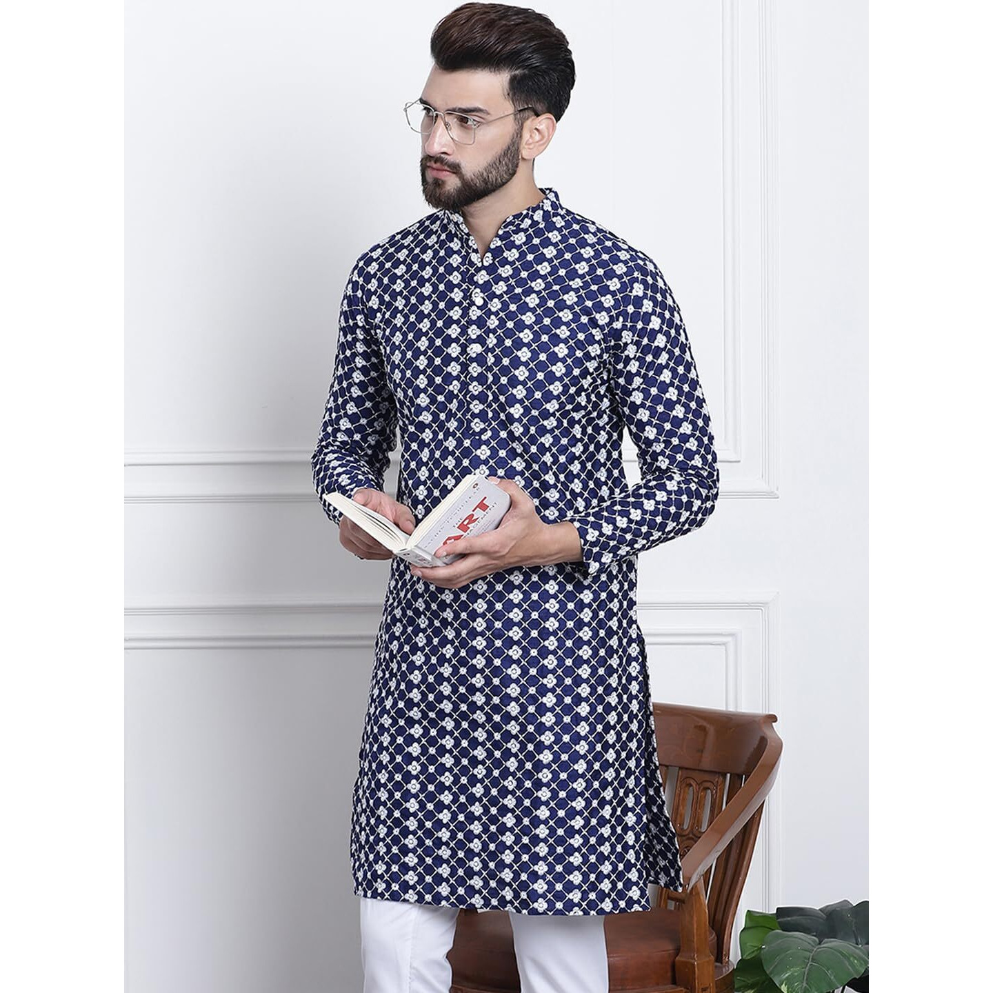 Sojanya (Since 1958 Men's Silk Blend Navy Blue Embroidered Only Long Kurta