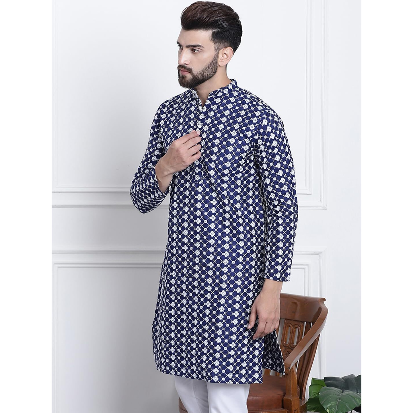 Sojanya (Since 1958 Men's Silk Blend Navy Blue Embroidered Only Long Kurta