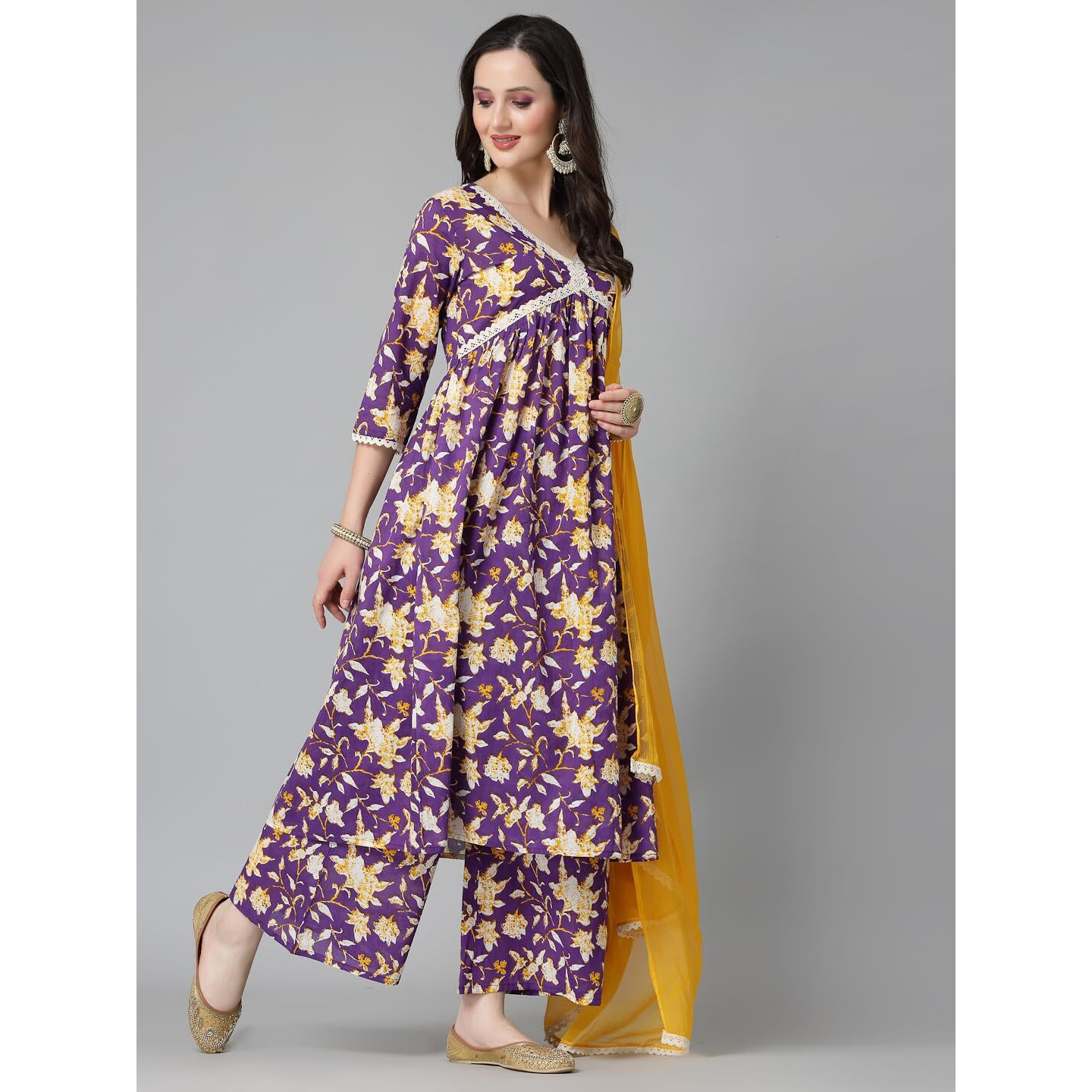 Stylum Women's Floral Printed Cotton Alia Cut Kurta Palazzo Dupatta Set (Kpdvoilzayla38_Voilet, M)