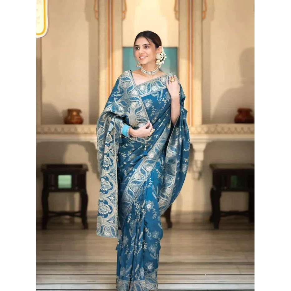 Sugathari Women's Banarasi Saree Pure Kanjivaram Silk Soft New Ladies 2024 Design Wear Pattu Sarees Latest Cotton Party Sari Collections With Blouse Piece For Wedding Sadi (P-196-Firozi)