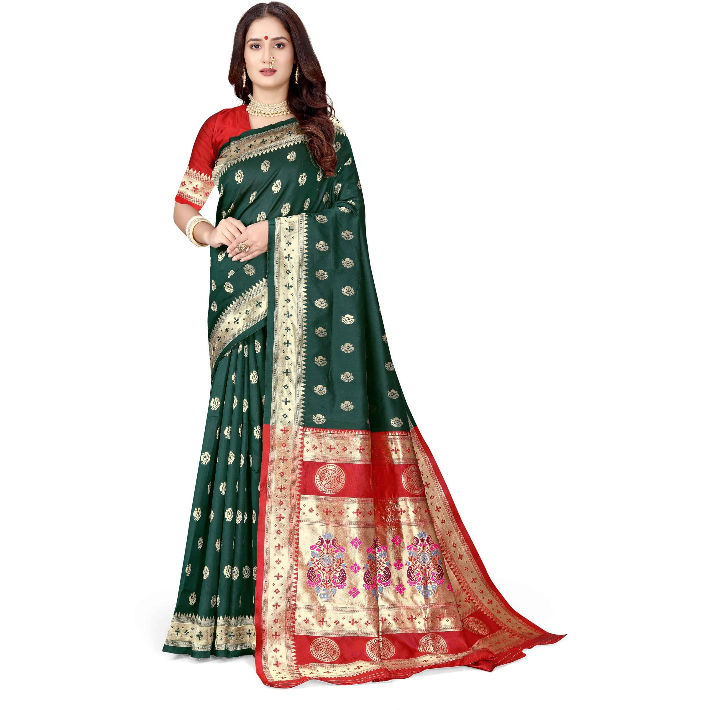 Sugathari Women's Banarasi Saree Pure Paithani Kanjivaram Silk Soft New Ladies 2024 Design Wear Sarees Latest Cotton Party Sari Collections With Blouse Piece For Wedding Sadi (Pari-201 Dark Green)