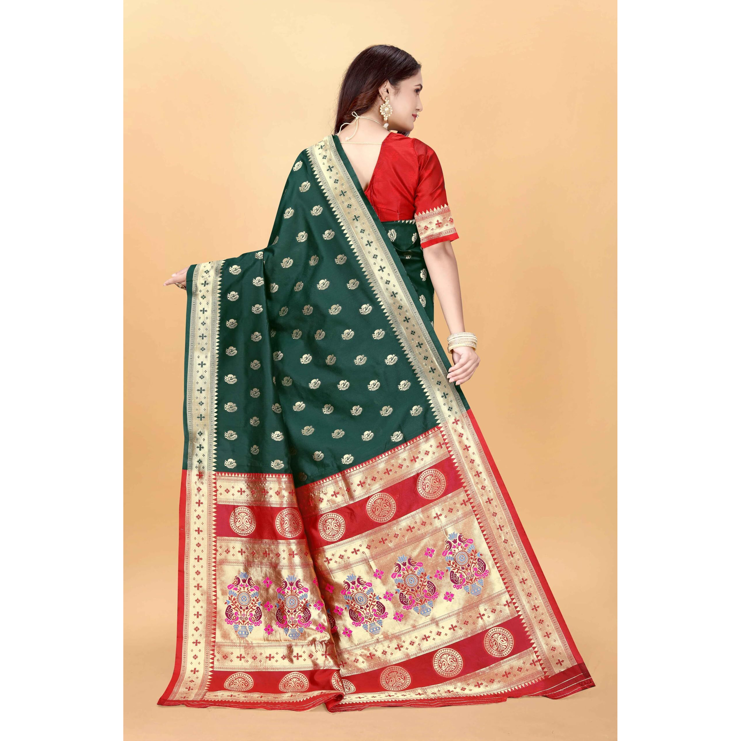 Sugathari Women's Banarasi Saree Pure Paithani Kanjivaram Silk Soft New Ladies 2024 Design Wear Sarees Latest Cotton Party Sari Collections With Blouse Piece For Wedding Sadi (Pari-201 Dark Green)