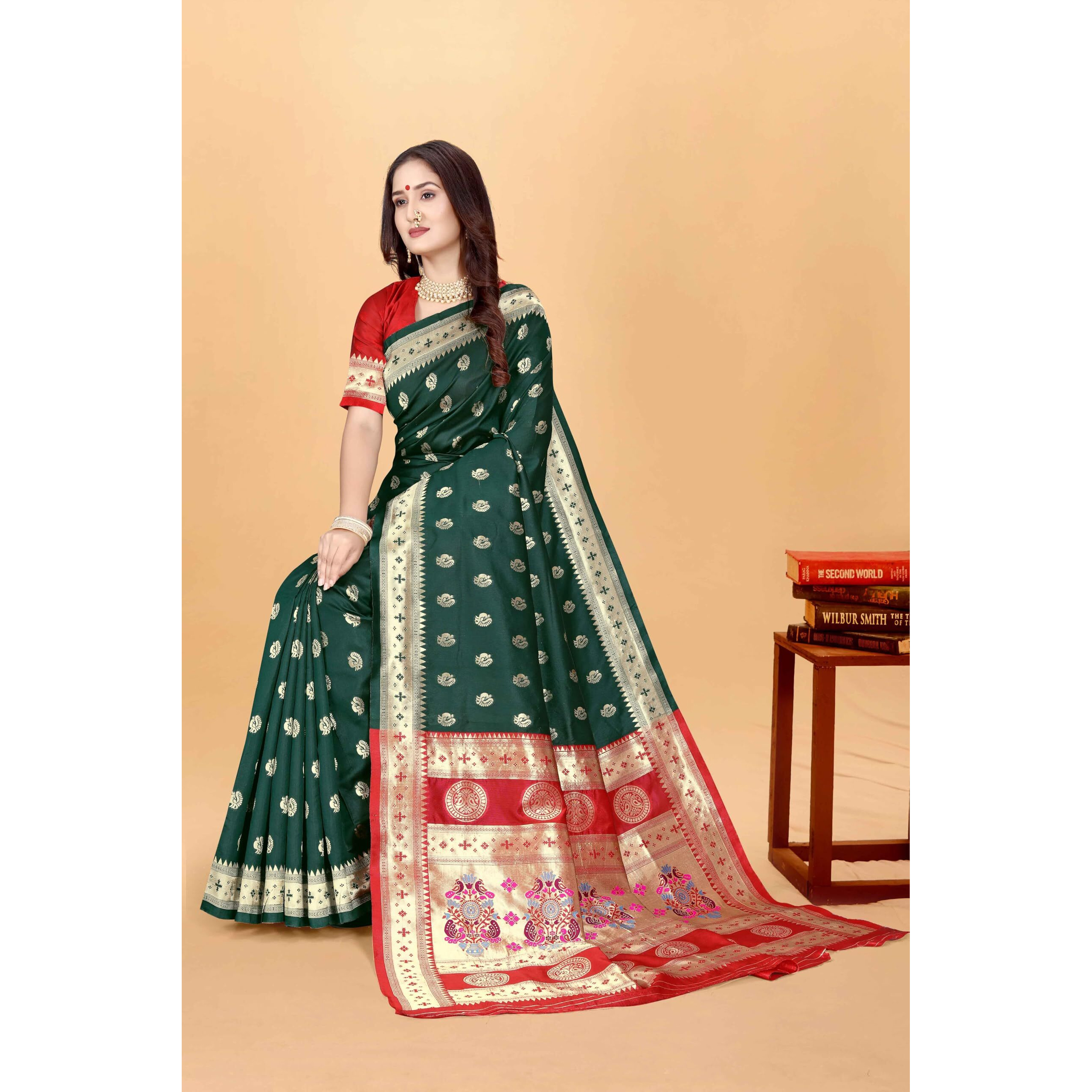 Sugathari Women's Banarasi Saree Pure Paithani Kanjivaram Silk Soft New Ladies 2024 Design Wear Sarees Latest Cotton Party Sari Collections With Blouse Piece For Wedding Sadi (Pari-201 Dark Green)
